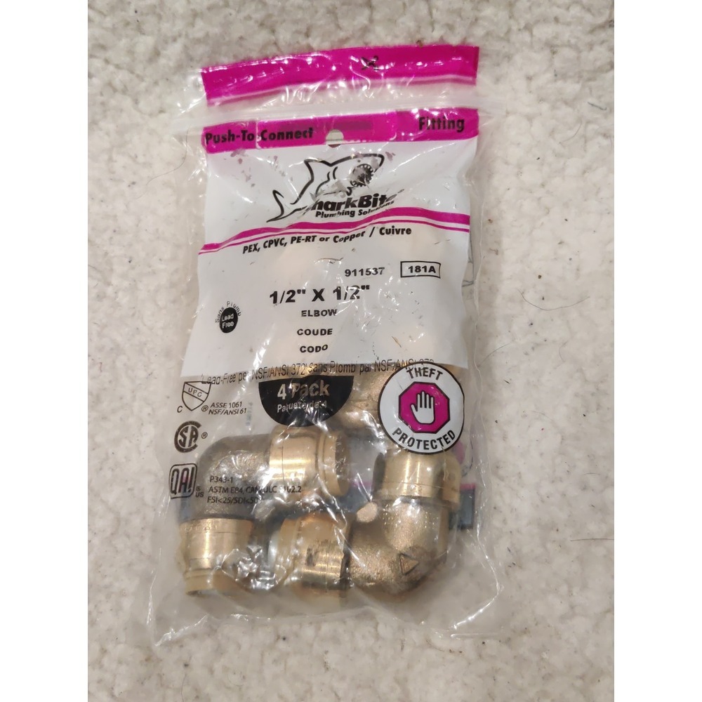 SharkBite U248LFZ4‎ Tube Elbow, 1/2 in, Push-To-Connect, 90 Deg, Brass, (4-pack)